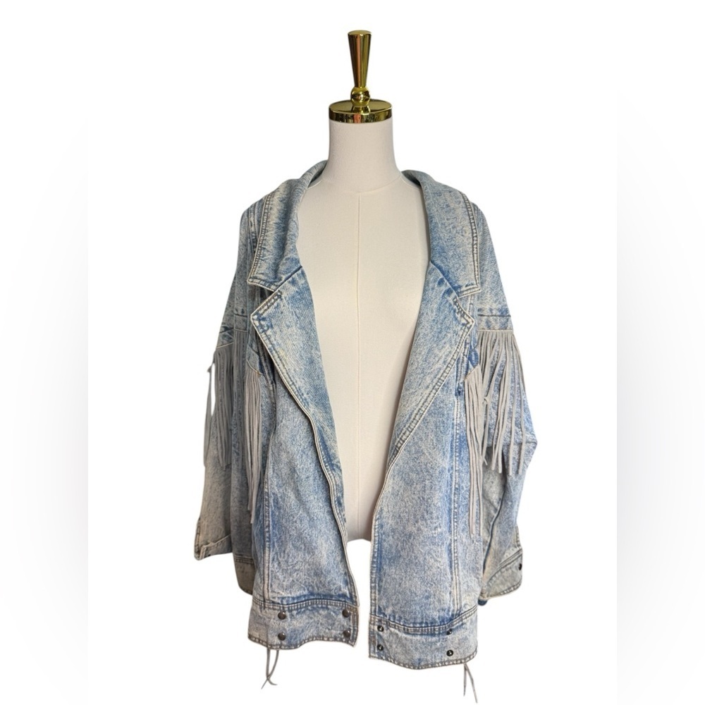 Vintage Rock Creek Distressed Fringe AcidWash Leather Oversize Jean Jacket Sz 18